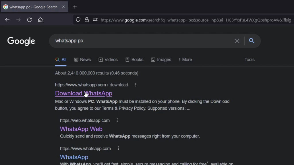 Search for Download WhatsApp Desktop on Google
