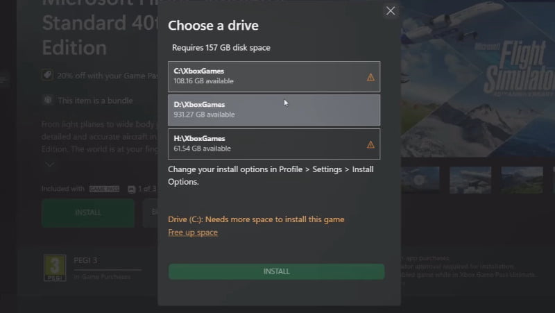 b) Select the game destination drive