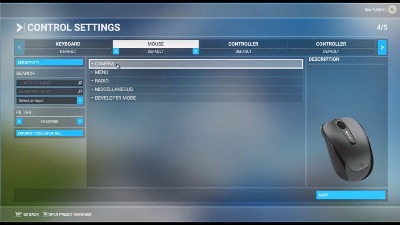 c) Set the mouse controls